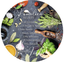 Rezept für Familienglück mit Zutaten wie Zufriedenheit, Freude, Humor, Gefühl, Vertrauen, Geborgenheit, Zuhause und Liebe.