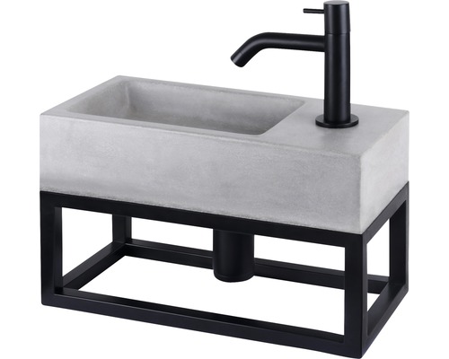 Handwaschbecken-Set aus Beton Jukon rechteck inkl. Ablaufventil, Designsihpon, Standventil 18,5x38,5 cm schwarz matt