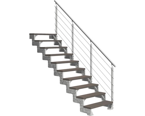 Außentreppe Pertura Tallis mit Prova Geländer 10 Stufen 100 cm dunkelbraun Treppe mit Holzstufen und Edelstahlgeländer