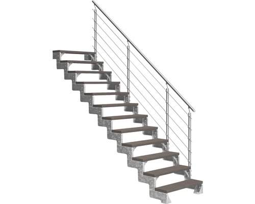 Außentreppe Pertura Tallis mit Prova Geländer 12 Stufen 100 cm dunkelbraun Treppe mit Stahlkonstruktion und Holzstufen