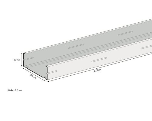 Metall U-Profil mit den Maßen 50 mm x 100 mm x 4,00 m und einer Stärke von 0,6 mm