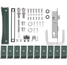 Komponenten für Gartentorschloss-Set, inklusive Schlosskasten, Drückergarnitur, Schlüssel, Schrauben und Montagezubehör.