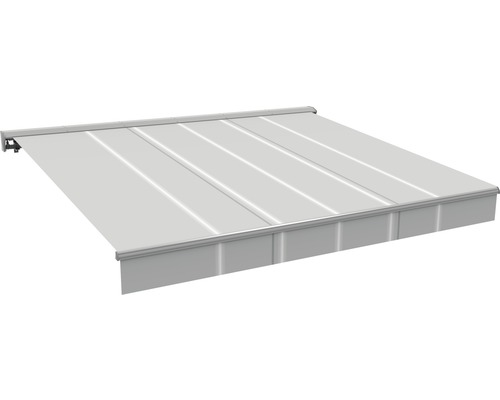 Halbkassettenmarkise Molveno 4x3 Stoff grau gestreift Gestell RAL 9006 weißaluminium Antrieb links inkl. Motor,Fernbedienung und Nothandkurbel Halbkassettenmarkise Molveno 4x3 Stoff grau gestreift Gestell RAL 9006 weißaluminium Antrieb links inkl. Motor,Fernbedienung und Nothandkurbel