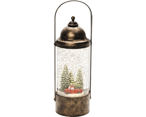 LED Wasserlaterne Konstsmide Bäume mit Auto H 29 cm Lichtfarbe warmweiß batteriebetrieben inkl. 5 Stunden Timer Dekorative Schneekugel Laterne mit rotem Pickup und Tannenbäumen