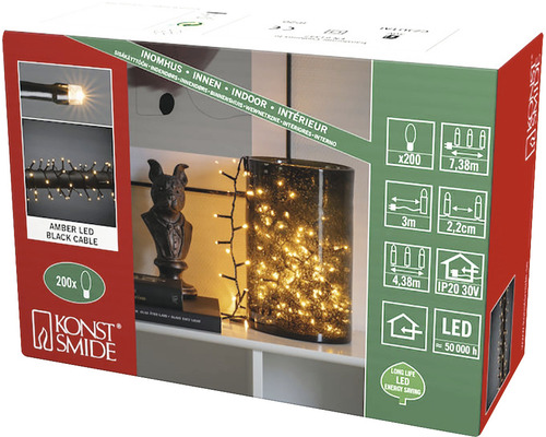 Konst Smide Lichterkette mit 200 bernsteinfarbenen LEDs und schwarzem Kabel, geeignet für den Innenbereich