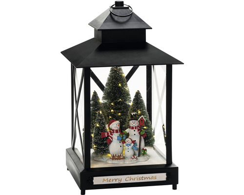 Dekorative Laterne mit Schneemannfamilie und Tannenbäumen