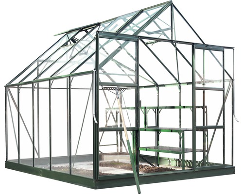 Gewächshaus mit Regalen und Gartengerät