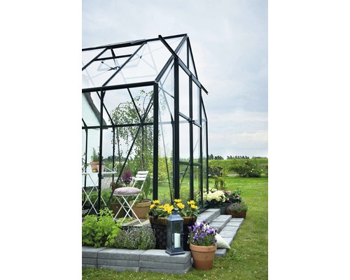 Gewächshaus mit Glaswänden und Pflanzendekoration im Garten