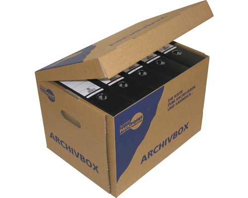 Archivbox aus Karton mit schwarzen Aktenordnern