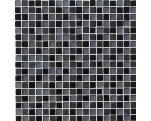 Glasmosaik mit Naturstein 30,0x30,0 cm grau schwarz Mosaikfliese mit quadratischen Elementen