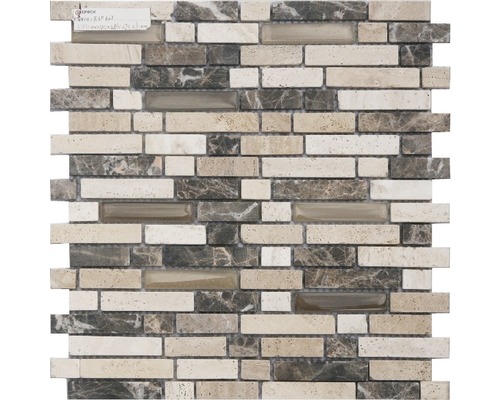 Natursteinmosaik mit Glas Emperado Travertin 30,6x31,6 cm beige Mosaikfliese aus Travertin, Marmor und Glas
