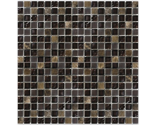 Glasmosaik mit Naturstein 30,5x30,5 cm perlmutt braun Mosaikfliese mit quadratischen Steinen