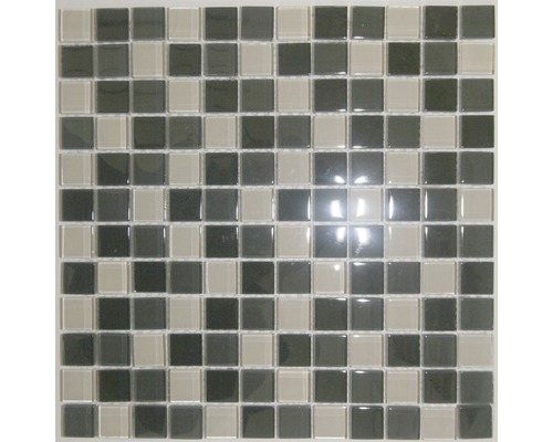 Glasmosaik mit Naturstein 30,0x30,0 cm beige grau schwarz Mosaikfliese mit quadratischen Glassteinen