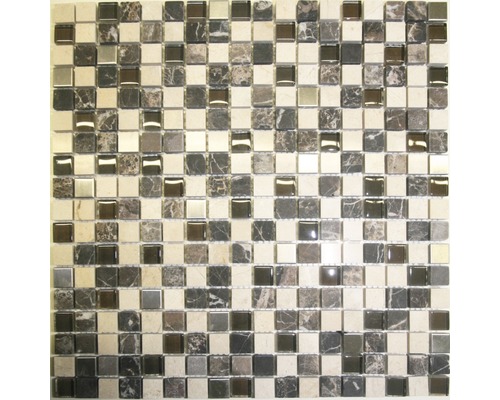 Glasmosaik mit Naturstein Mauricius 30,0x30,0 cm beige braun grau Quadratische Mosaikfliese aus Naturstein und Glas