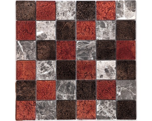 Glasmosaik mit Naturstein Metallica Marron 30,0x30,0 cm rot grau Mosaikfliese mit quadratischen Stücken aus Glas und Stein