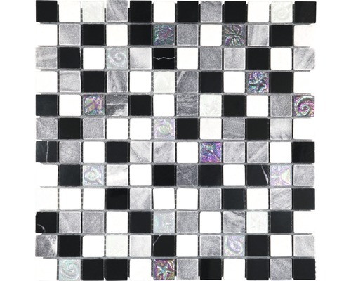 Glasmosaik mit Naturstein 30,0x30,0 cm silber beige Mosaikfliese mit quadratischen Elementen in unterschiedlichen Texturen