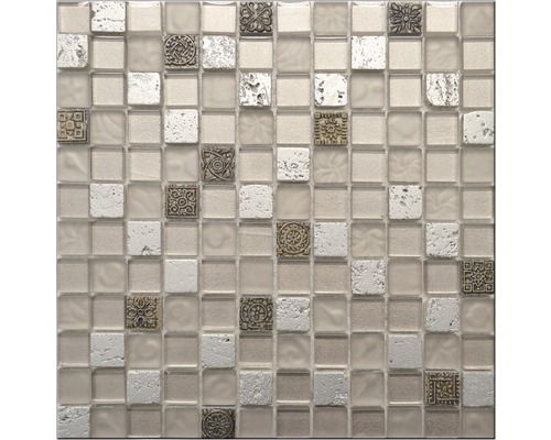 Glasmosaik mit Naturstein 30,0x30,0 cm silber beige orange Mosaikfliese mit Glas-, Stein- und Ornamentdetails für Wand- und Bodengestaltung