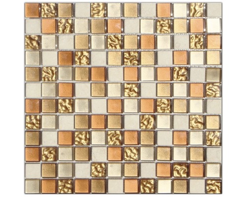 Glasmosaik mit Naturstein Sunrise 30,0x30,0 cm gold braun creme Mosaikfliese mit quadratischen Elementen