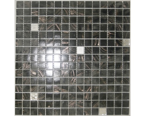 Glasmosaik mit Naturstein 32,7x32,7 cm perlmutt kupfer schwarz