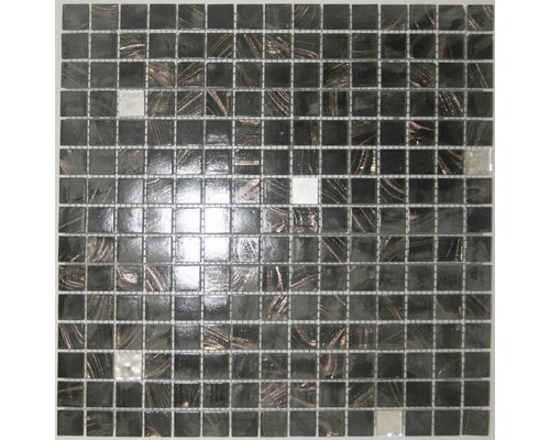Glasmosaik mit Naturstein 32,7x32,7 cm perlmutt kupfer schwarz Mosaikfliese mit Glas und Stein für Wand und Boden