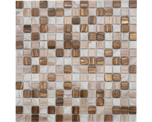 Glasmosaik mit Naturstein 32,7x32,7 cm perlmutt kupfer beige Quadratische Mosaikfliesen aus Glas und Holz für Wand und Boden