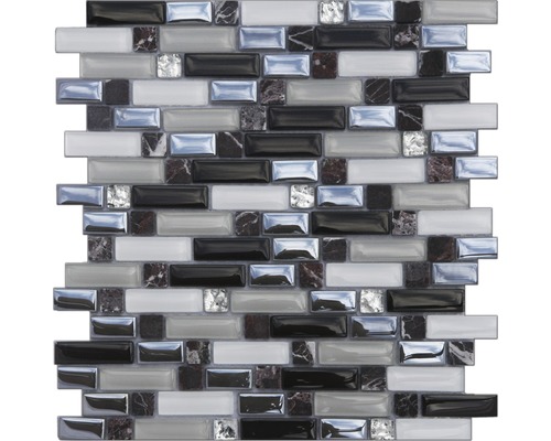 Glasmosaik mit Naturstein 30,0x30,0 cm grau schwarz weiß Mosaikfliese mit Glas- und Marmoreffekt