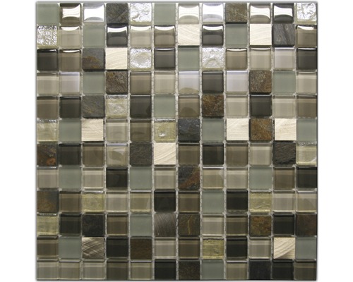 Glasmosaik mit Naturstein Edelstahl 30,0x30,0 cm beige braun Mosaikfliese aus Glas und Stein