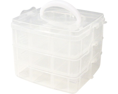 Durchsichtiger Sortierkasten mit drei Ebenen und Tragegriff