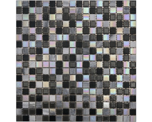 Glasmosaik mit Naturstein 30,0x30,0 cm perlmutt grau schwarz