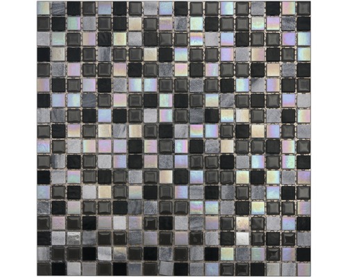 Glasmosaik mit Naturstein 30,0x30,0 cm perlmutt grau schwarz Mosaikfliese mit quadratischen Elementen in verschiedenen Grautönen und Schwarz