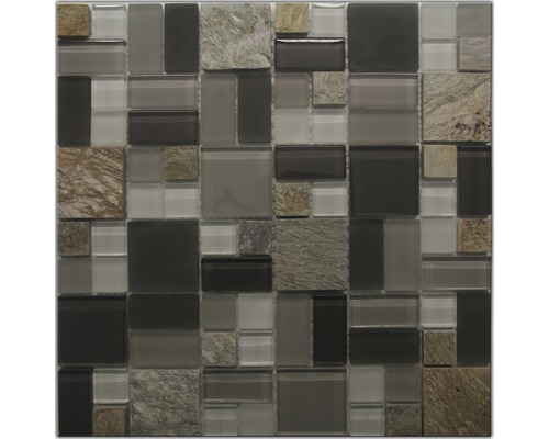 Glasmosaik mit Naturstein Quarzit 30,0x30,0 cm braun beige grau