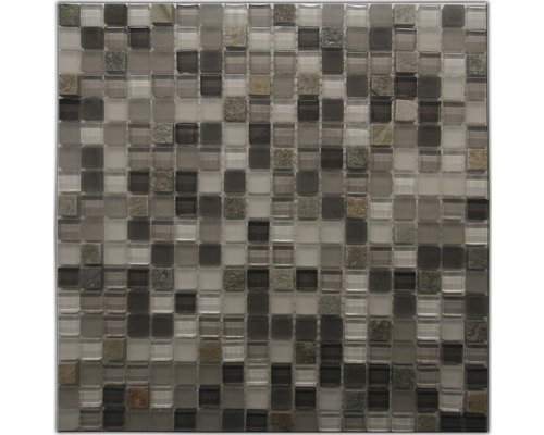 Glasmosaik mit Naturstein Quarzit 30,0x30,0 cm grau schwarz