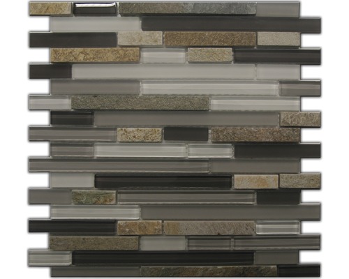 Glasmosaik mit Naturstein Quarzit Stäbchen 30,0x30,0 cm grau schwarz Mosaikfliese aus Glas und Naturstein