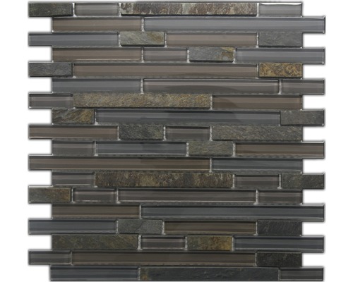 Glasmosaik mit Naturstein Slate 30,0x30,0 cm braun grau Mosaikfliese aus Glas und Stein