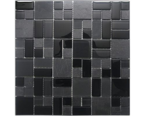 Glasmosaik mit Naturstein Marmor 30,0x30,0 cm schwarz