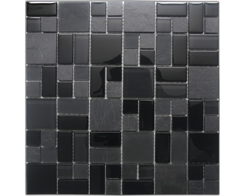 Glasmosaik mit Naturstein Marmor 30,0x30,0 cm schwarz Mosaikfliese aus Glas und Schiefer