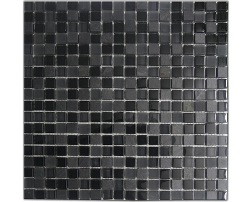 Glasmosaik mit Naturstein Marmor 30,0x30,0 cm schwarz mix