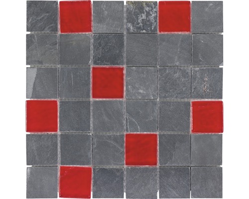 Glasmosaik mit Naturstein Slate 30,0x30,0 cm grau rot Mosaikfliese mit Glas- und Steinoptik