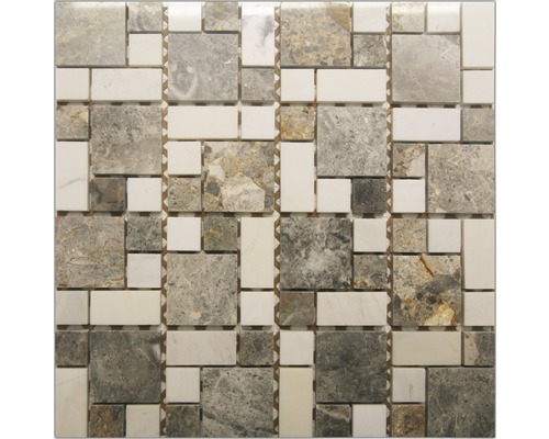 Natursteinmosaik Golden Vien 30,5x30,5 cm beige braun grau Mosaikfliese aus Naturstein mit quadratischen und rechteckigen Elementen