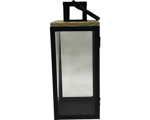 Windlicht aus Metall und Glas mit Holzsockel