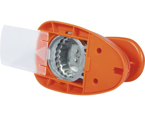 Papierstanzer mit orangefarbenem Griff und transparentem Auffangbehälter