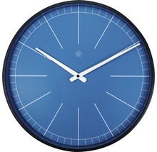 Runde Wanduhr mit blauem Zifferblatt und schwarzem Rahmen