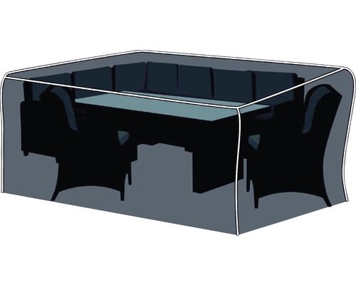 Schutzhülle für Gartenmöbel, die eine Sitzecke und einen Tisch abdeckt