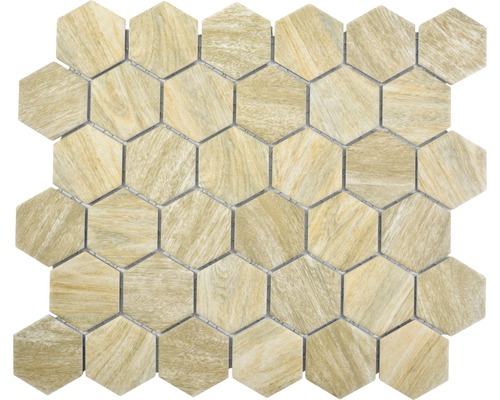 Keramikmosaik Hexagon HX Curio HB 32,5x28,1 cm beige Mosaikfliese mit sechseckiger Form und Holzoptik
