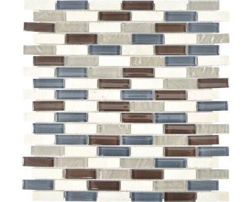 Glasmosaik mit Stein XCM IL037 29,8x30,4 cm beige braun Mosaikfliese mit rechteckigen Steinen in verschiedenen Farben