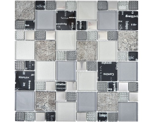 Glasmosaik XCM MC529 29,8x29,8 cm silber grau schwarz Mosaikfliese mit Glas-, Stein- und Metallelementen