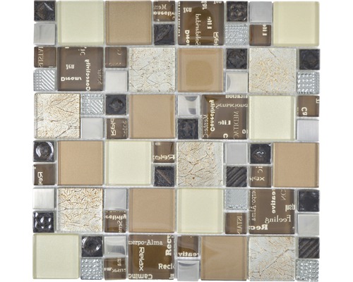 Glasmosaik XCM MC539 29,8x29,8 cm silber beige braun Mosaikfliese mit Glas- und Steinelementen für Wand und Boden