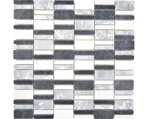 Natursteinmosaik Marmor XNM BC449 30,0x30,0 cm schwarz weiß grau Mosaikfliese aus Marmor, bestehend aus rechteckigen Stücken