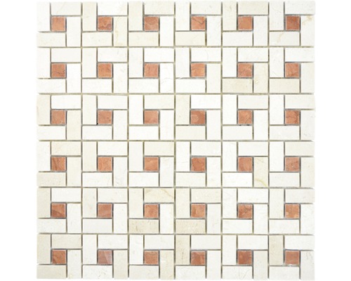 Natursteinmosaik Marmor XNM BS17 30,5x30,5 cm beige rot Mosaikfliese mit quadratischem Muster