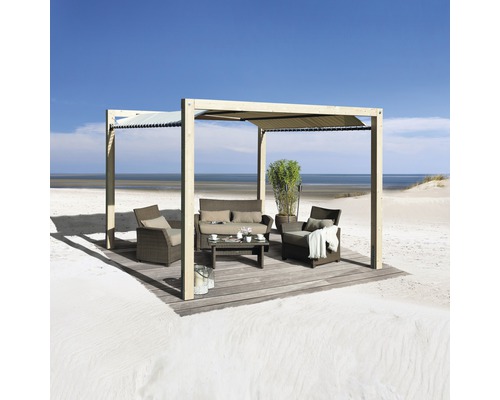 Pergola weka Gartenoase 235 mit Kunststoffplane 324 x 324 cm natur Pergola mit Sitzgruppe auf einer Holzterrasse am Strand